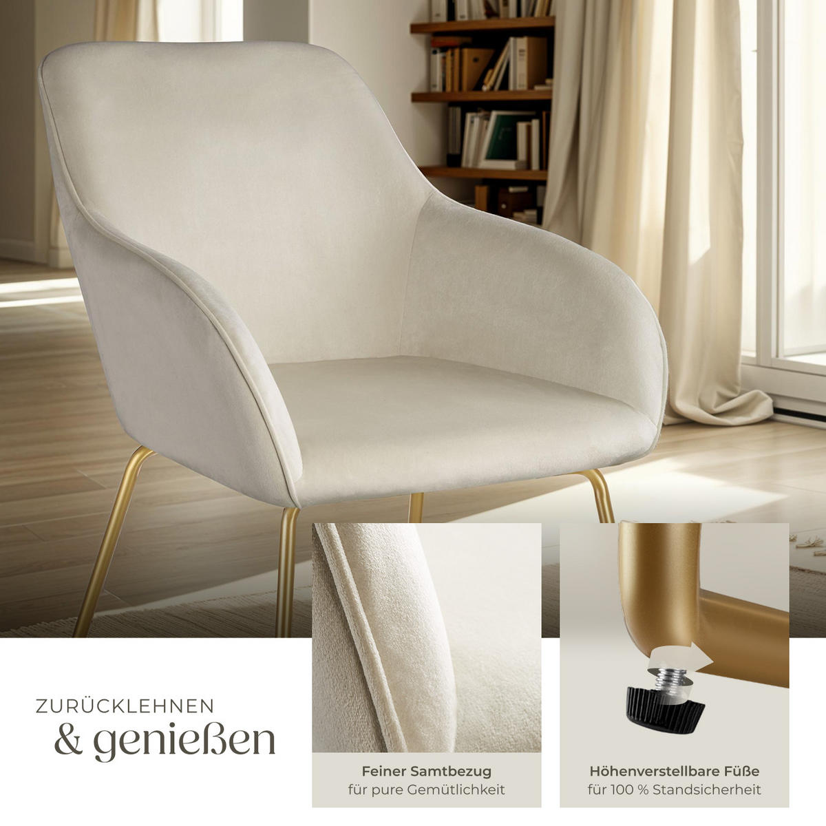 ESSZIMMERSTUHL Jeane,57 x 61 x 85,5 cm, Belastbarkeit 120 kg,Samtoptik creme/gold - Goldfarben/Samtahornfarben, Kunststoff (57/85.5/61cm) - tectake