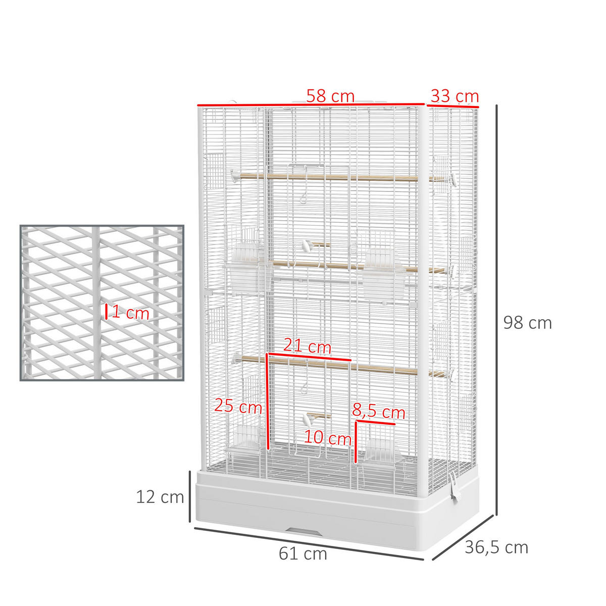 VOGELKÄFIG DE-17825 5 Sitzstangen & 14 Türen für leichten Zugang Weiß - Weiß, Metall (36.5/98/61cm) - ComfortXL
