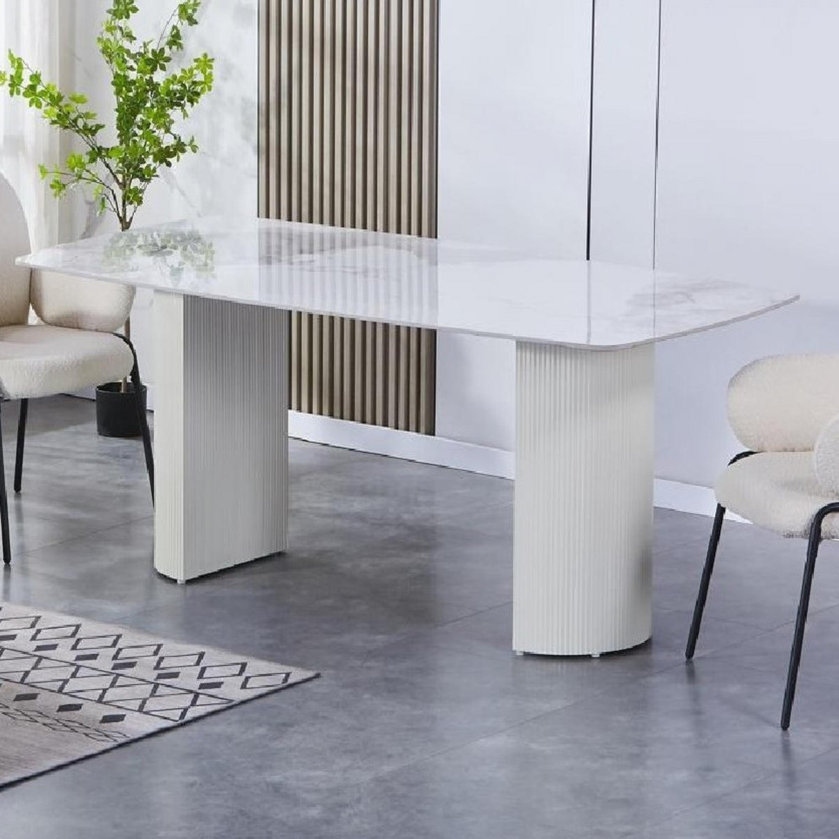 ESSTISCH Keramik Marmor-Optik geriffeltes Säulengestell Weiß 180 × 90 cm - Weiß, Keramik/Metall (90/180/75cm) - HOOZ