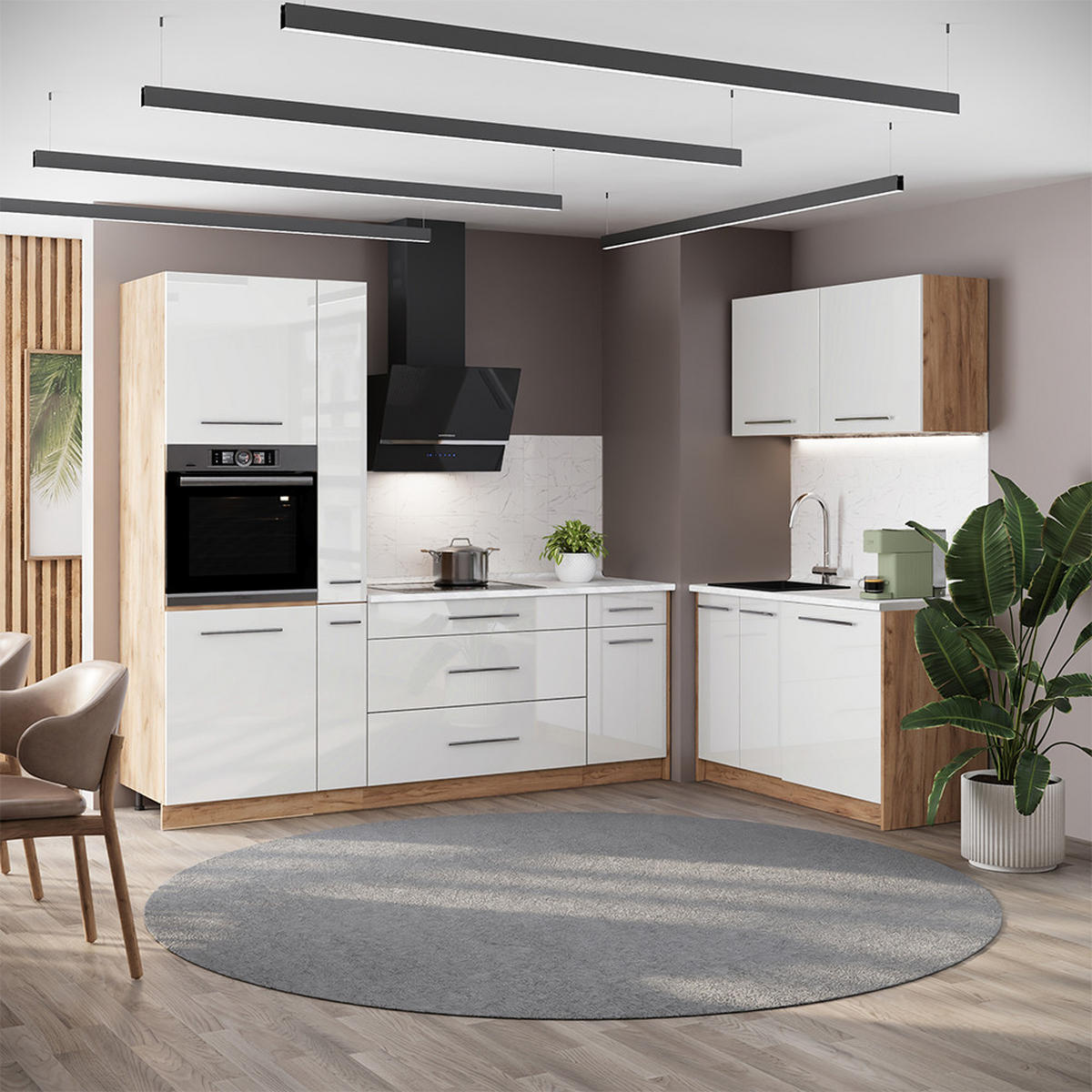 KÜCHENZEILE Fame-Line, Weiß Hochglanz/Goldkraft Eiche, 220 x 120 cm, AP Anthrazit - Honigeiche/Weiß Hochglanz, Holzwerkstoff (220/206.8/60cm) - Vicco