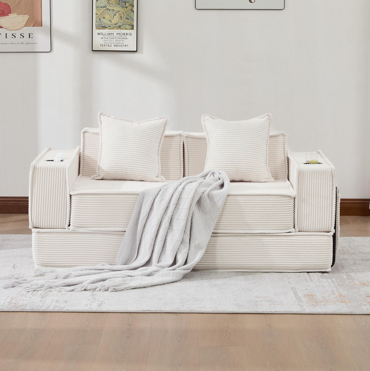 2-SITZER-SOFA aus Cord 162x78x66 cm Beige mit 2 Kissen, Seitentaschen und modularem Aufbau - Beige, Textil (162/66/78cm) - Modfu