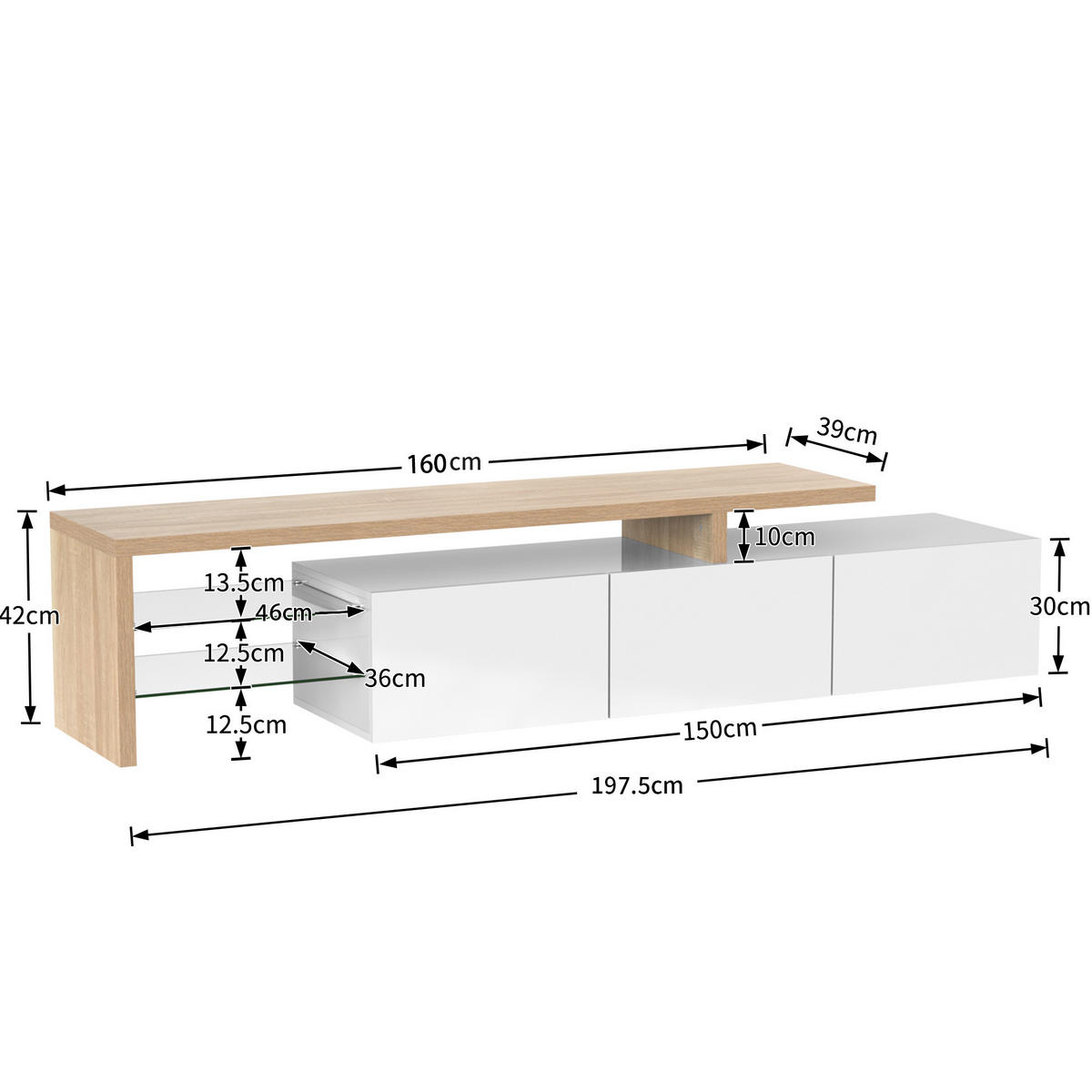 LOWBOARD 197.5/39/42 cm in Natur/Weiß aus MDF und Glas mit LED-Beleuchtung - Weiß, Holzwerkstoff (39/42/197.5cm) - OKMYHOME