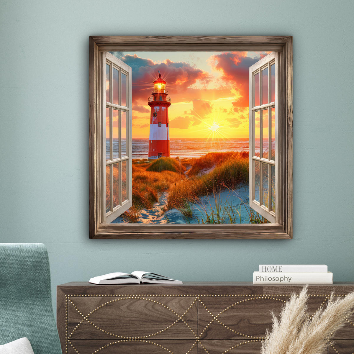 LEINWANDBILD Aussicht - Fenster - Leuchtturm - Sonnenuntergang - Strand 90x90 cm - Dunkelorange, Textil (90/90cm) - MuchoWow