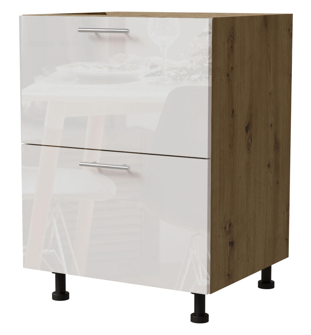 Feldmann-Wohnen Schubladenunterschrank Weiß Hochglanz, Eiche Artisan 60x82x50 cm