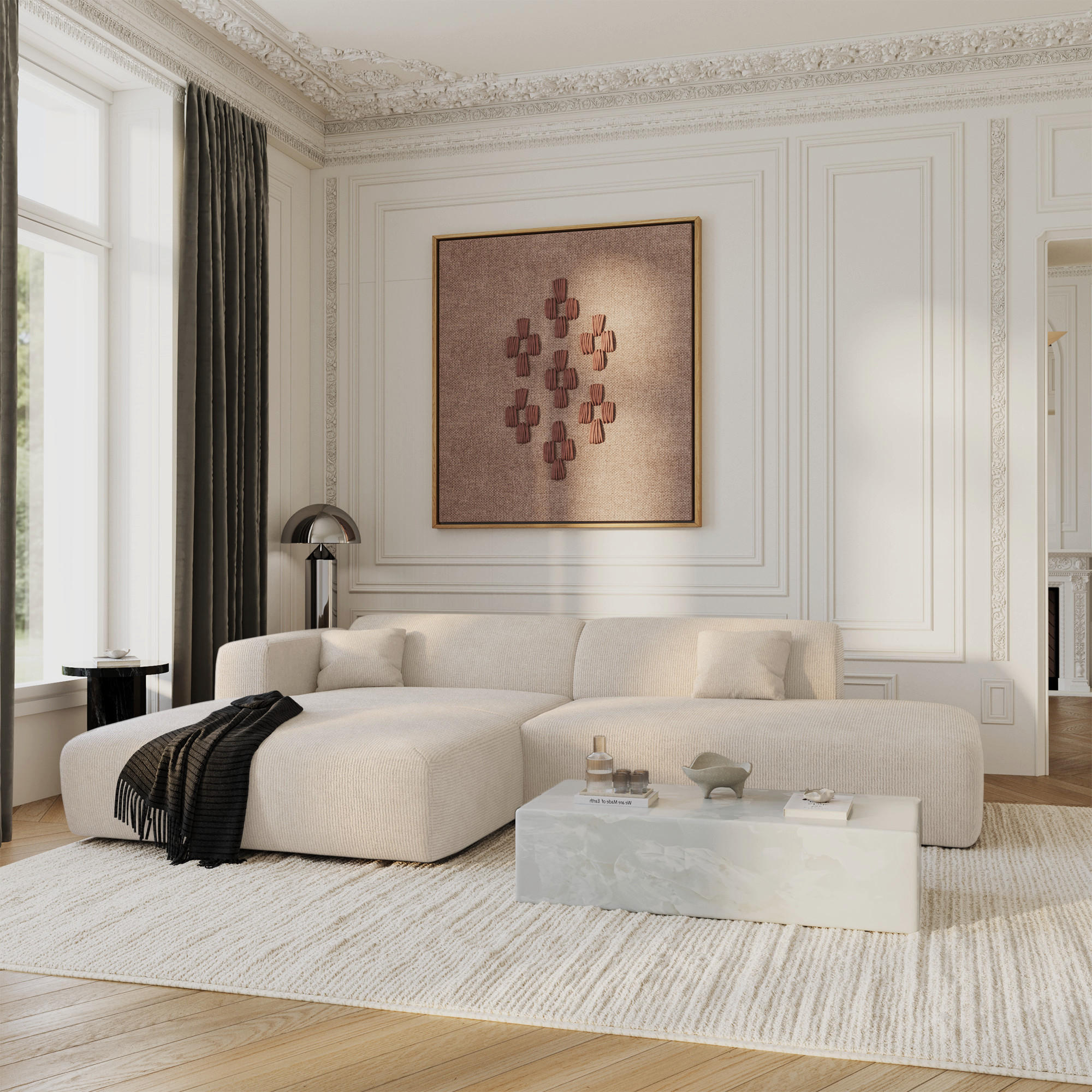 ECKSOFA LINKS Gerippter Samt Creme 310cm - Creme, Textil (300/96cm) - Sia Home