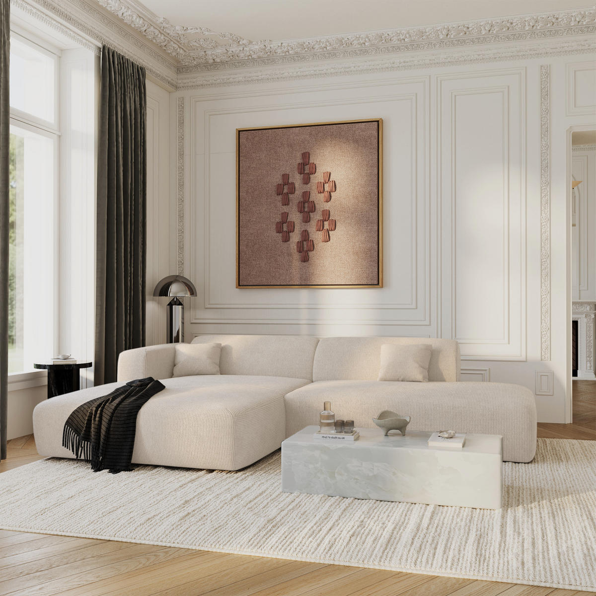 ECKSOFA LINKS Gerippter Samt Creme 310cm - Creme, Textil (300/96cm) - Sia Home