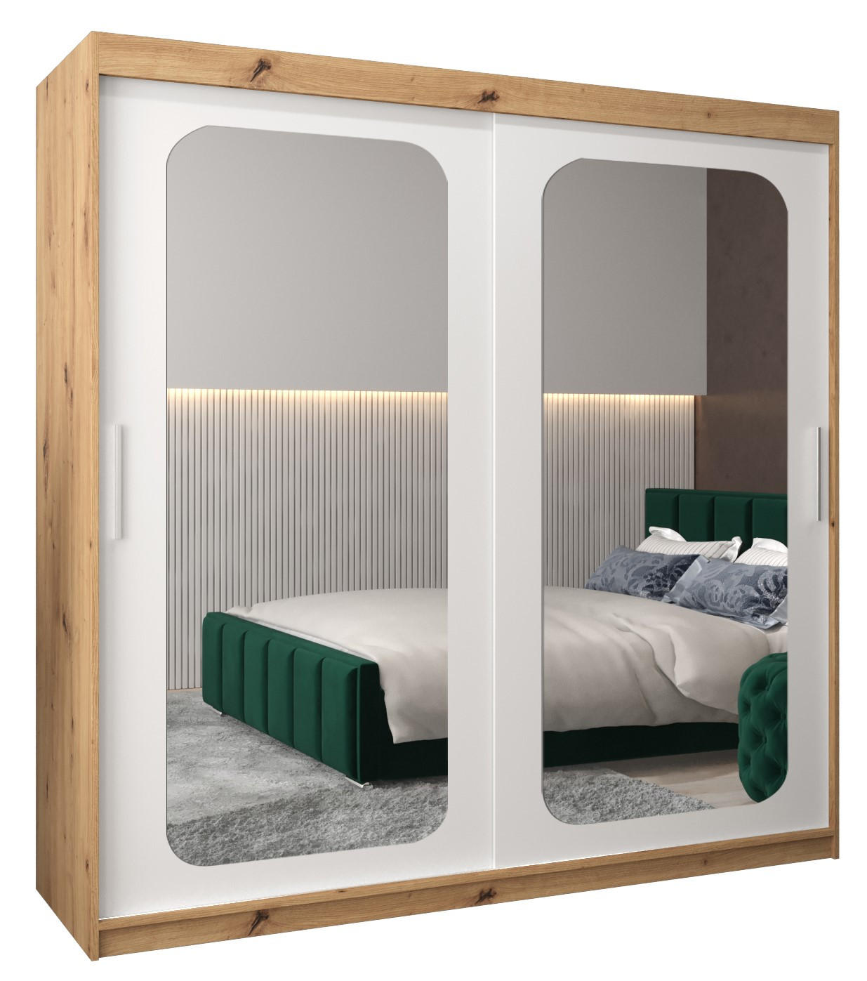 Abiks Möbel Schwebetürenschrank Eiche Artisan, Weiß 200x200x62 cm