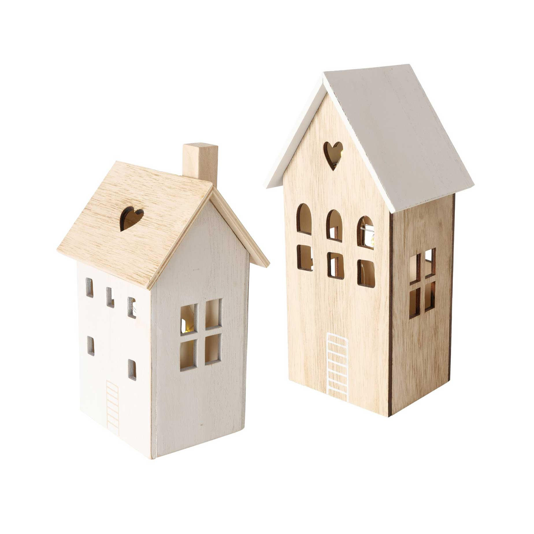 HOLZDEKORATION Aldea mit Beleuchtung, 2 Häuser - Beige, Holz (11/25/12cm) - Boltze Home
