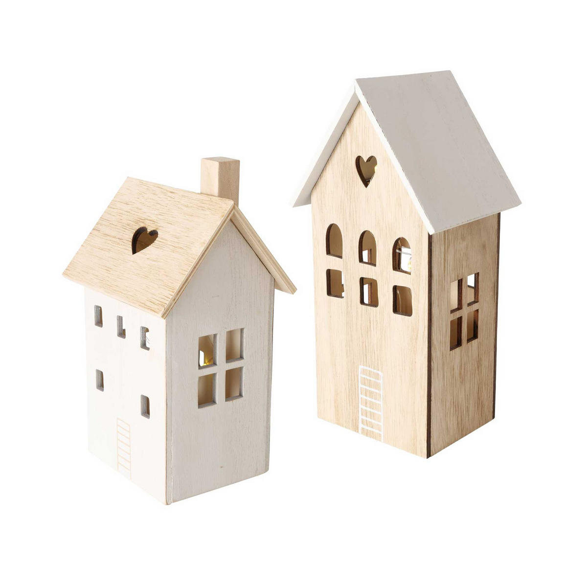 HOLZDEKORATION Aldea mit Beleuchtung, 2 Häuser - Beige, Holz (11/25/12cm) - Boltze Home