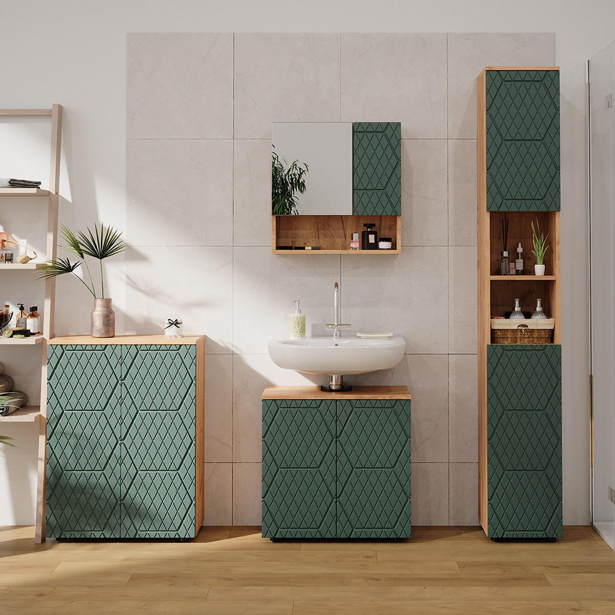 BADMÖBEL-SET Irma Grün 4 Teile, mit Hochschrank und Kommode - Eiche Wotan/Grün, Holzwerkstoff (80/58.6/41cm) - Vicco