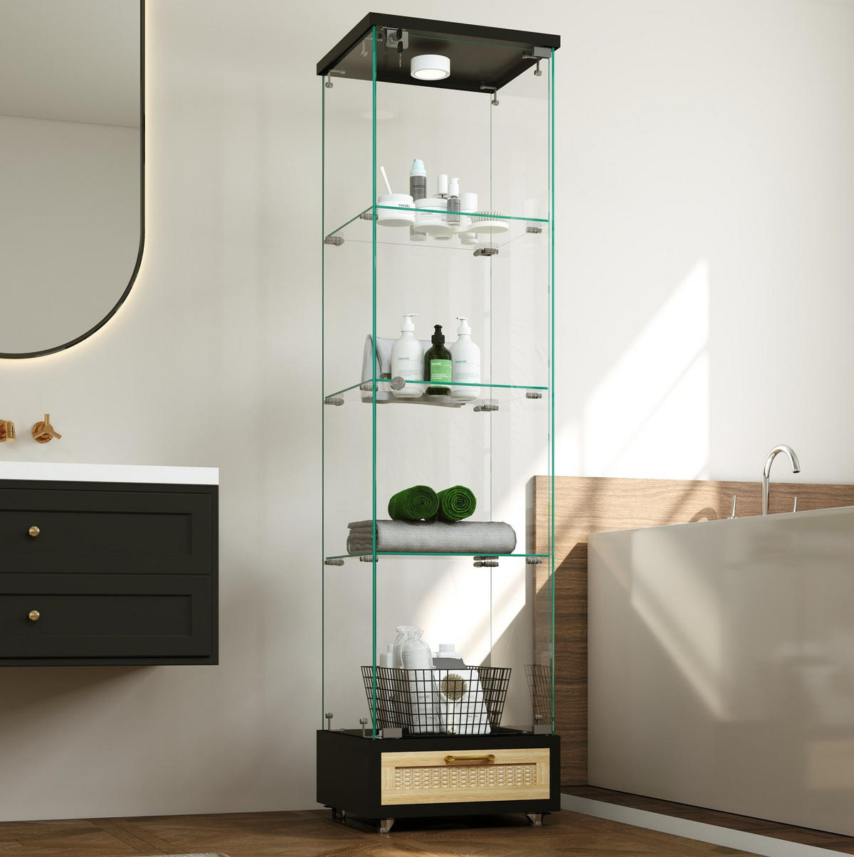 VITRINE 36,5/42,5/167 cm schwarz aus MDF und Glas mit LED und Rollen - Schwarz, Holzwerkstoff (42.5/167/36.5cm) - OKWISH