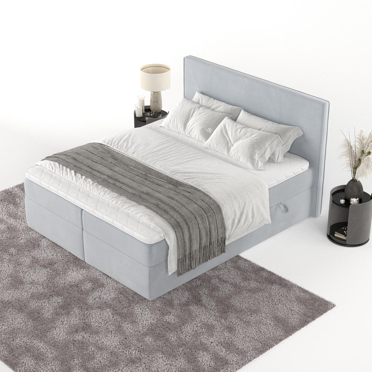 BOXBETT Nuvia 140/200 cm Hellgrau im Paros Stoff - Hellgrau/Schwarz, Holz/Holzwerkstoff (140/200cm) - AltaBeds