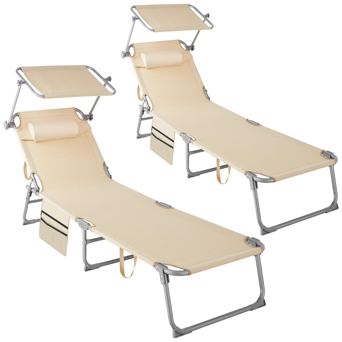 SONNENLIEGE 2er Set Chloé,190 x 68 x 28 cm, mit Seitentasche,beige - Beige, Kunststoff (68/111/161cm) - tectake