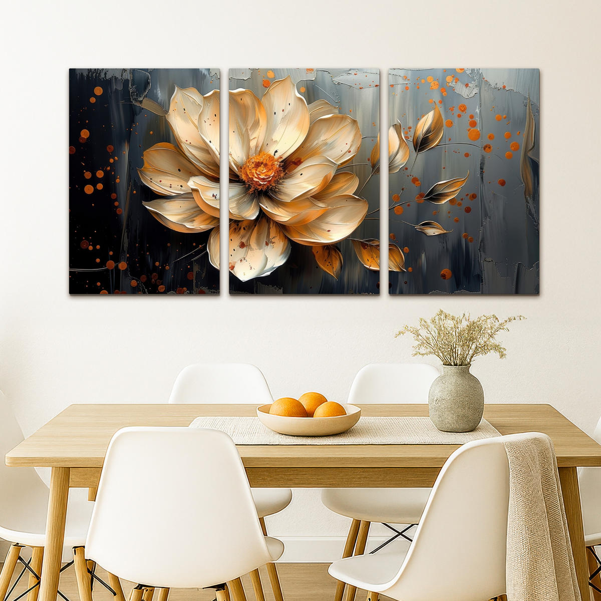 LEINWANDBILD 3er Set Blume - Gold - Abstrakt - Farbe 120x60 cm - Creme, Textil (120/60cm) - MuchoWow