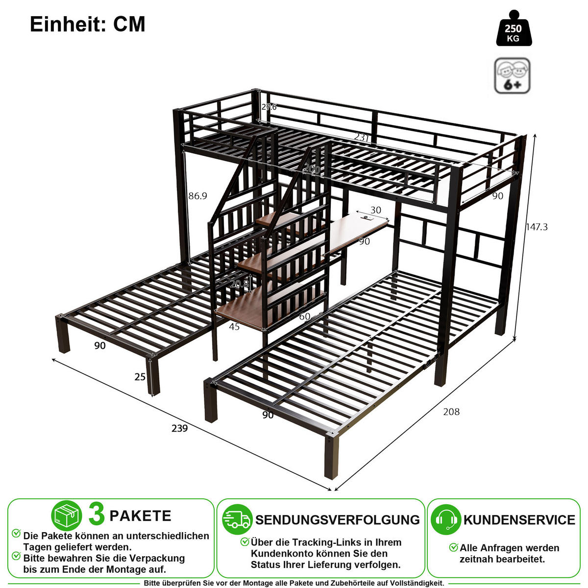 ETAGENBETT 90/200 cm in Schwarz mit LED, 2 USB, Steckdose, Schreibtisch, Regal und Stauraum - Schwarz, Holzwerkstoff/Metall (90/200cm) - CHICFURN