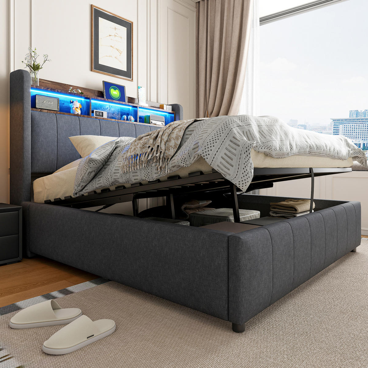 POLSTERBETT 140/200 cm Grau aus Leinenstoff mit Stauraum - Grau, Textil (140/200cm) - OKMYHOME
