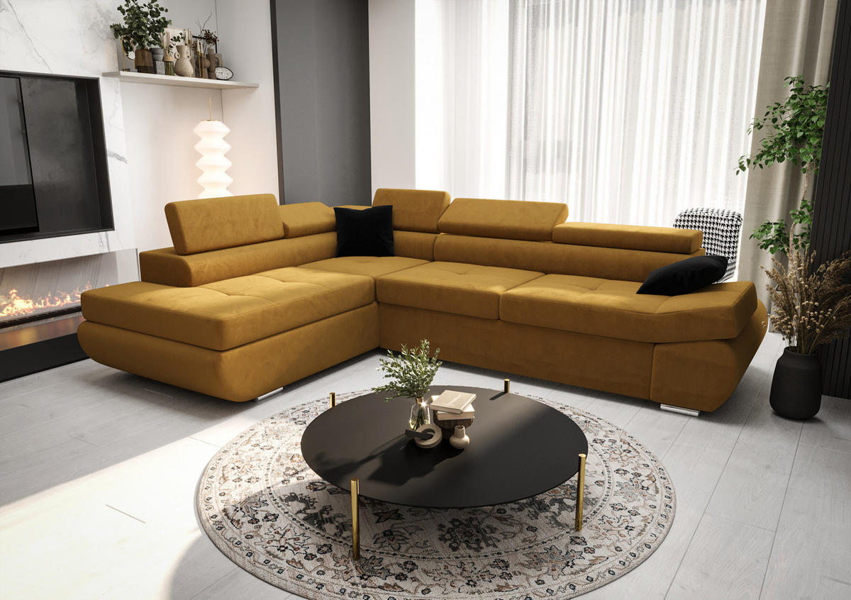 ECKSOFA KONGO RBN03, Eckcouch in L-Form mit Schlaffunktion, Farbe: Gelb, Velourstoff, Ottomane Links - Gelb, Textil (280/200cm) - O-Sofa