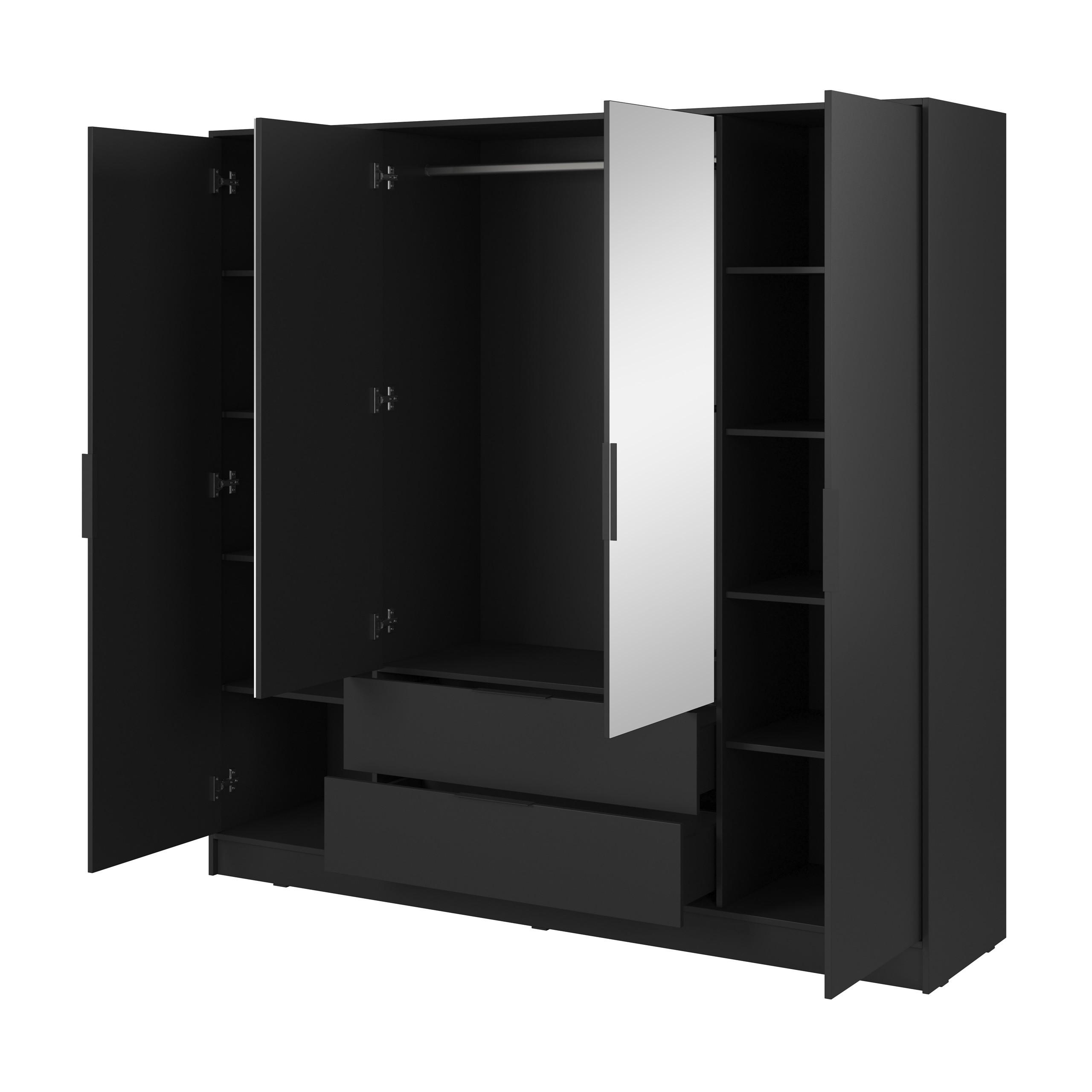 DREHTÜRENSCHRANK CATERINA 206/200/51 cm 4-türig mit Spiegel Schwarz - Schwarz, Holzwerkstoff (206/200/51cm) - MASSENO