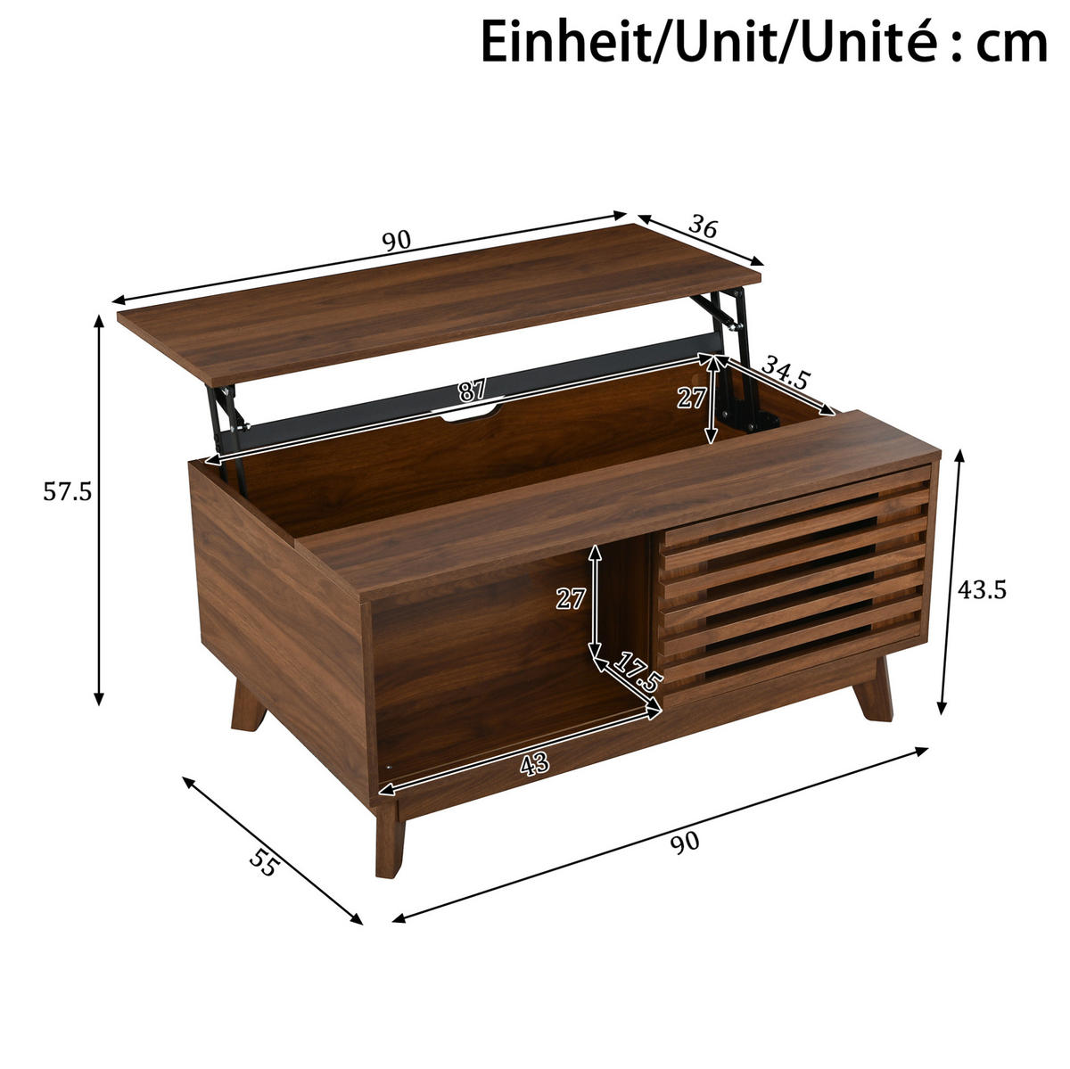 KONFERENČNÍ stolek 90/55/57,5 cm ořechový z MDF s výsuvnou deskou a posuvnými lamelami - ořechová, kompozitní dřevo (90/55/57.5cm) - OKWISH