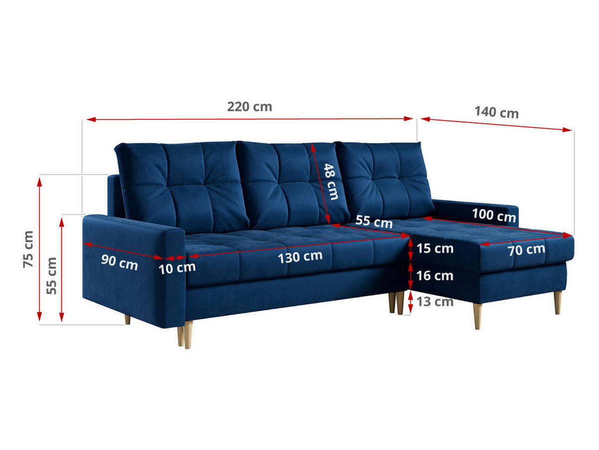 ECKSOFA Astra Dunkelblau Velvet - Dunkelblau/Braun, Holz/Textil (220/140cm) - MKS