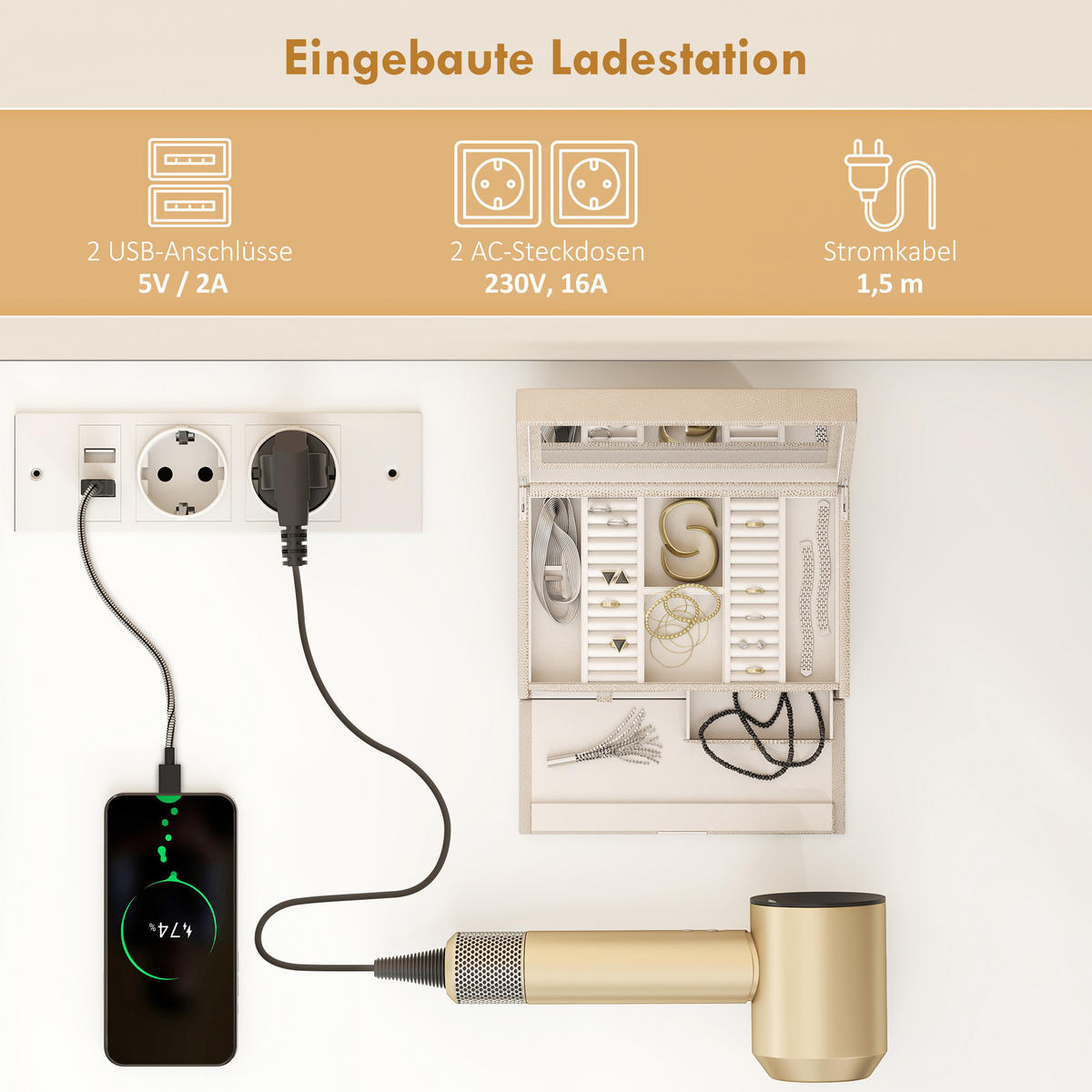 SCHMINKTISCH mit LED-Leuchte 3 Lichtfarben Spiegel Steckdose Weiß - Weiß, Holzwerkstoff (78/135/118cm) - HOMCOM