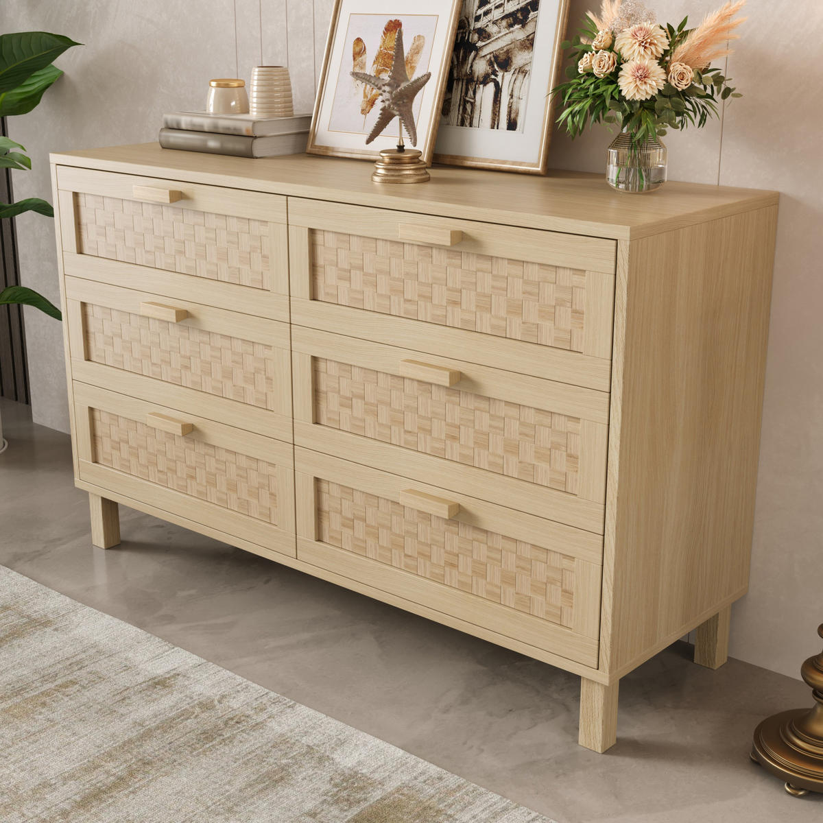 SIDEBOARD 6 Schubladen Naturholz Rattanoptik Stauraum - Naturfarben, Holzwerkstoff (40/75/120cm) - FLIEKS