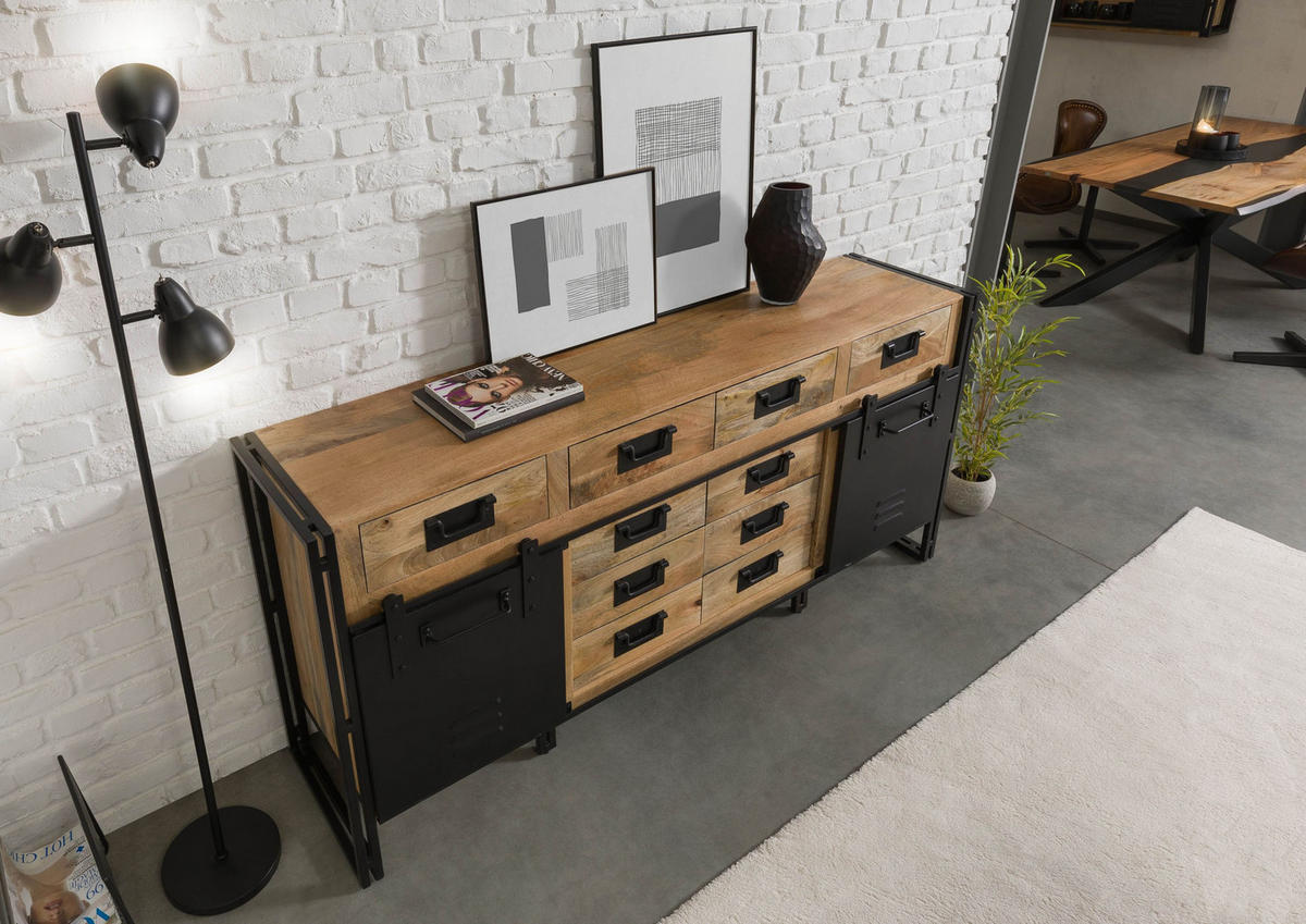 SIDEBOARD Mango 195x45x90 natur klar lackiert / Metall schwarz BLACKBURN #109 - Braun, Holz (195/90/45cm) - Massivmoebel24