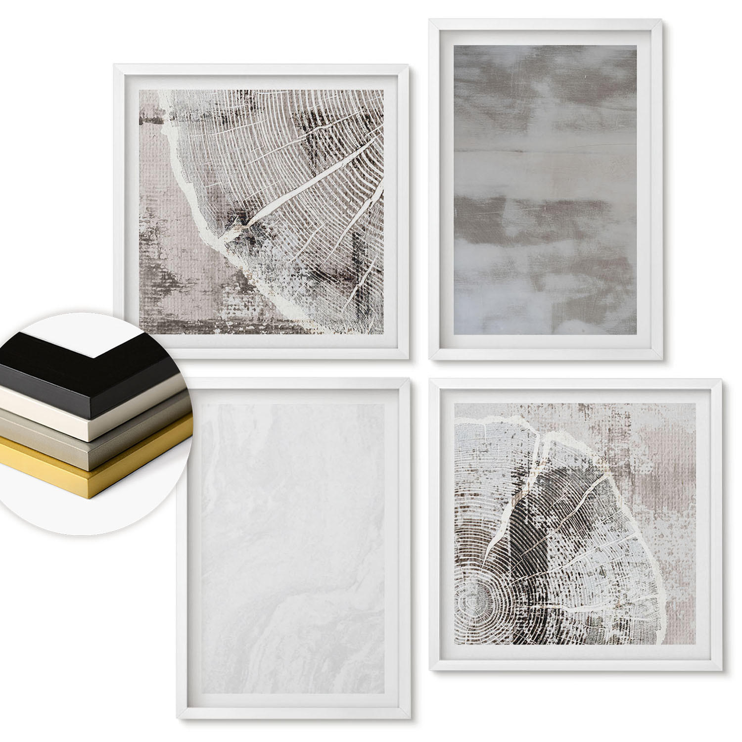 WANDBILDER 4er-Set - 50x50 cm & 40x60 cm Weißer Rahmen - Abstrakte moderne Formen - Weiß, Kunststoff (50/50cm) - ArtPrintCave