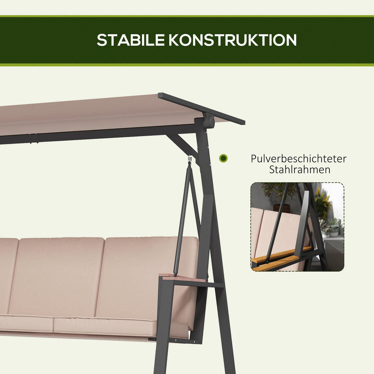 HOLLYWOODSCHAUKEL mit Verstellbarem Dach, Khaki, 205 x 130 x 175 cm - Braun, Metall (130/175/205cm) - Outsunny