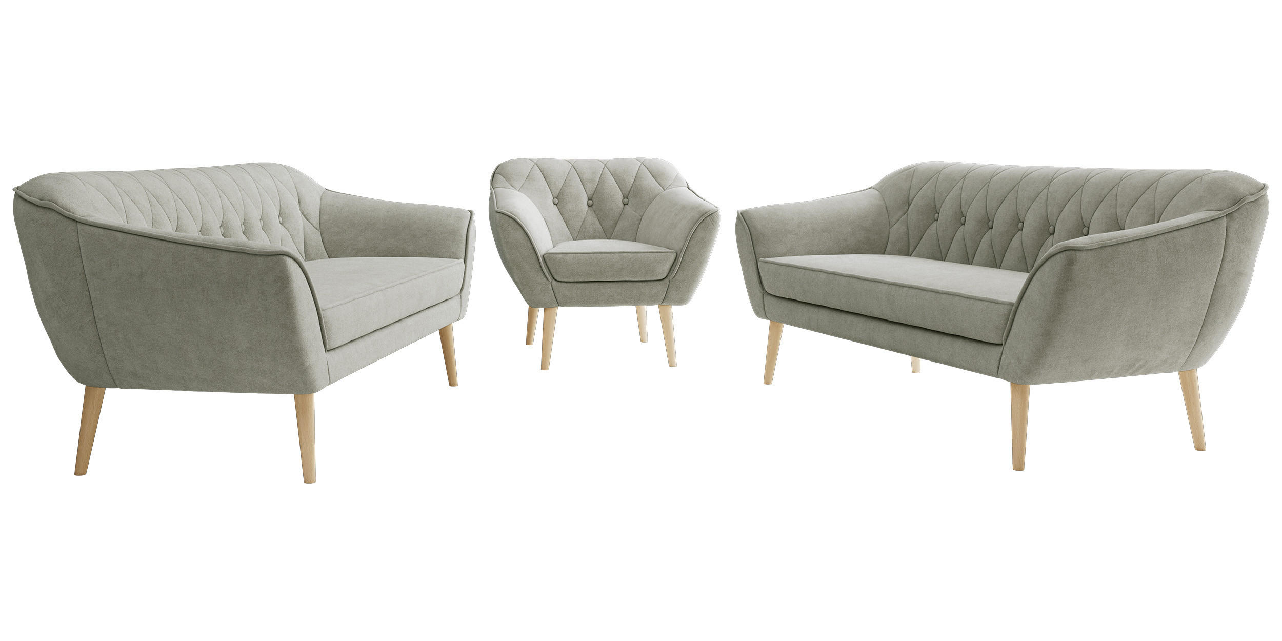 SEDACIA ZOSTAVA 3+3+1 PIRS - Svetlosivá Štruktúrovaná látka - Drevené nohy - farba buka/svetlosivá, kompozitné drevo/textil (180/75/74cm) - MKS
