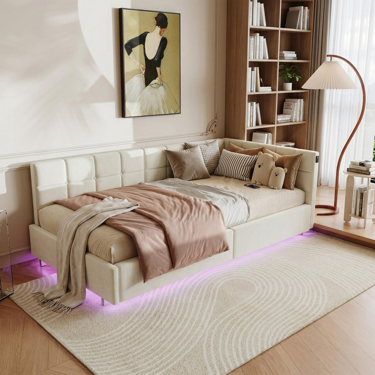 POLSTERBETT 90/200 cm creme mit RGB LED und USB - Creme, Holz - SHOPENTRA