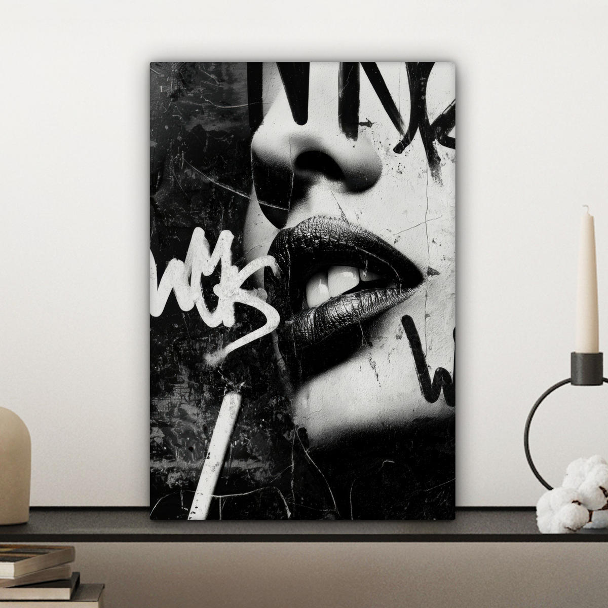LEINWANDBILD Gesicht - Mund - Graffiti - Schwarz Deko Wohnzimmer 20x30 cm - Schwarz, Textil (20/30cm) - MuchoWow