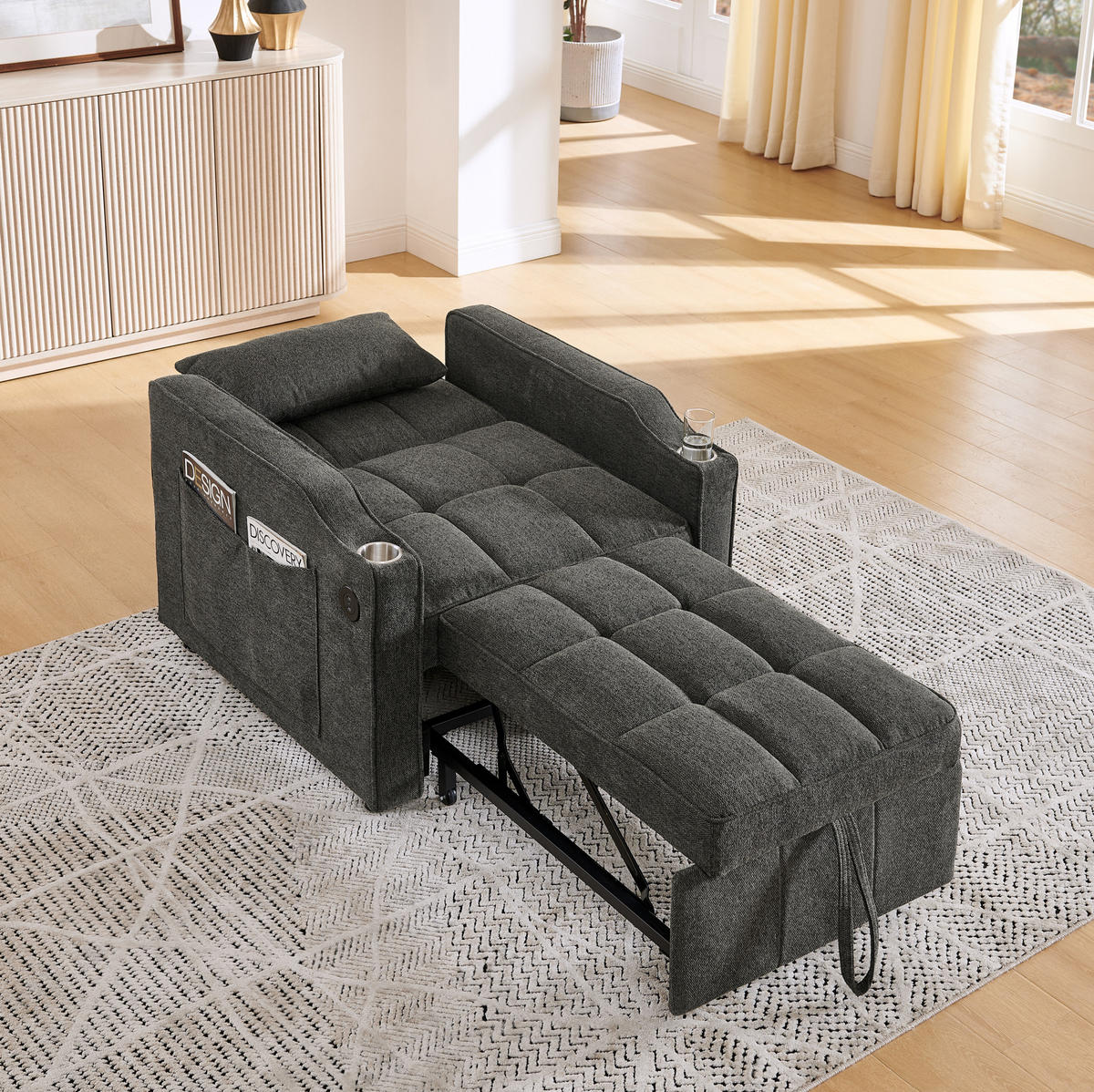 SCHLAFSESSEL 3-in-1 mit Bettfunktion 190 cm Stoff Dunkelgrau - Dunkelgrau, Holz (85/86/190cm) - Meubliv