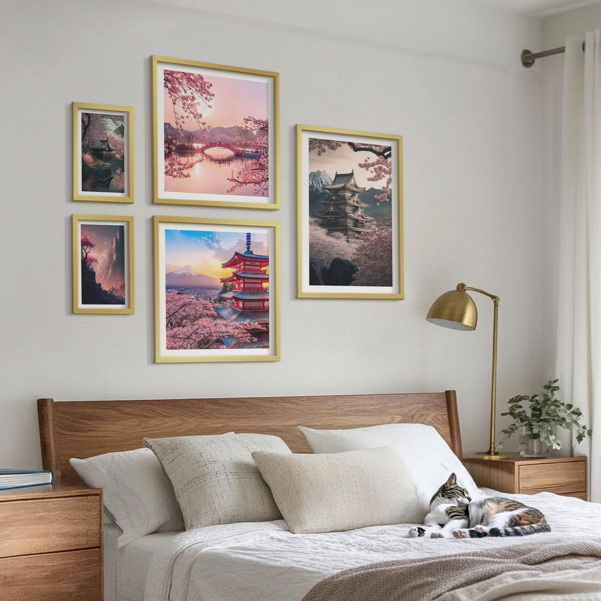 BILDER SET 5er Set - 50x50 cm & 20x30 cm & 40x60 cm Goldrahmen - Fantasielandschaften Japans - Goldfarben, Kunststoff (40/60cm) - TULUP