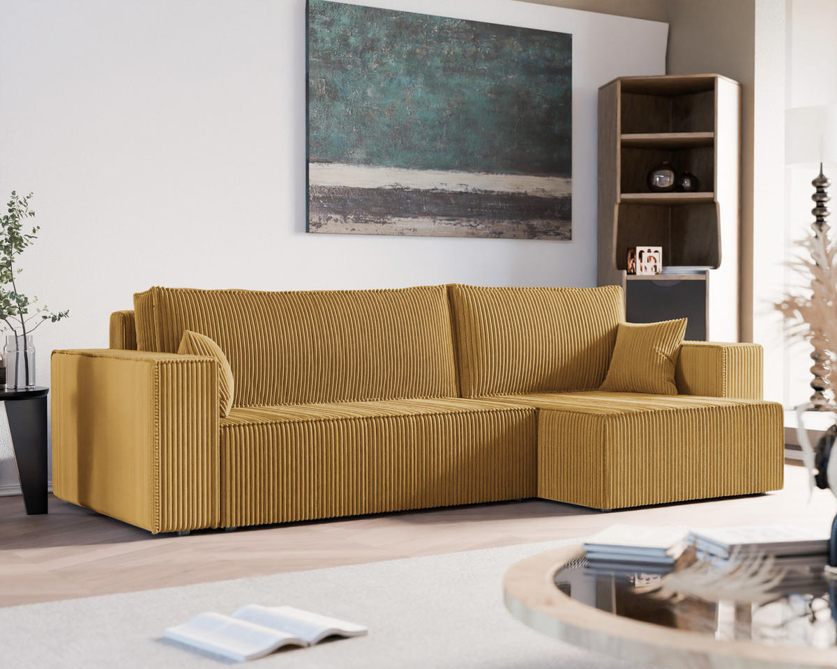 ECKSOFA mit Schlaffunktion und Bettkasten, Gelb - Gelb, Holzwerkstoff/Textil (145/276cm) - Idohome