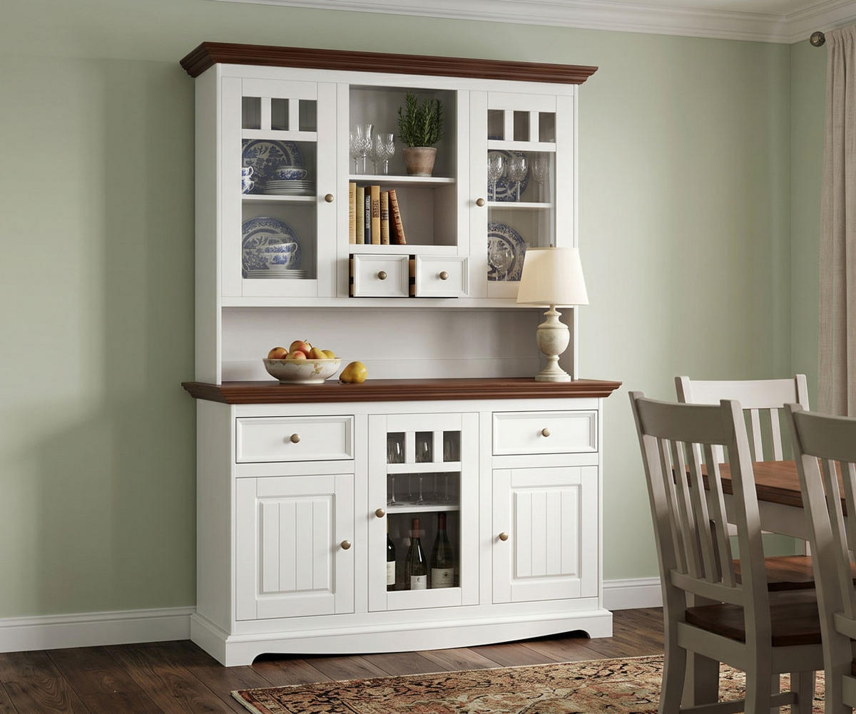 BUFFETSCHRANK Belluno Elegante Kiefer weiß (RAL9010) lackiert / Kiefer gebeizt, Nussbaumfarben 130 / 45 / 190cm - Nussbaumfarben/Weiß, Holz/Metall (130/190/45cm) - Feldmann-Wohnen