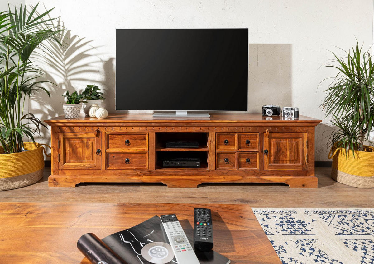 TV-BOARD Akazie 220x50x55 honig lackiert OXFORD #0341 - Braun, Holz (220/55/50cm) - Massivmoebel24