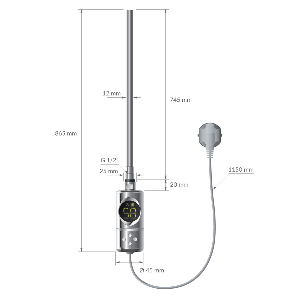 BADHEIZKÖRPER elektrisch Sahara 600x1800 mm Chrome gerade mit Heizstab 1200W Digital - Chromfarben, Metall (60/180/3cm) - LuxeBath