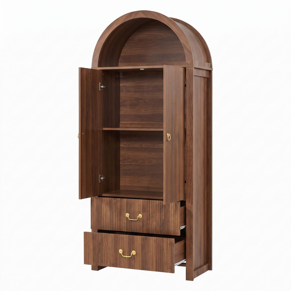 HOCHSCHRANK Nussbaum Bogen-Design mit APP-LED, 2 Türen & 2 Schubladen - Walnussfarben, Holzwerkstoff (76/180/38cm) - Urban Meuble