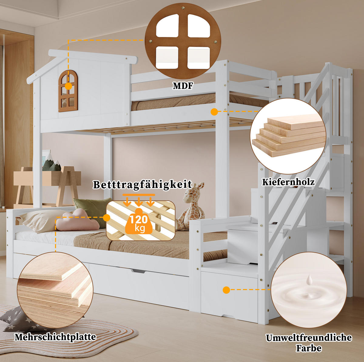 POSCHODOVÁ posteľ 90/200 a 120/200 cm biela/prírodná z masívu a MDF s rohovým rebríkom, skrinkou a 2 zásuvkami - biela, kompozitné drevo (90/200cm) - OKWISH