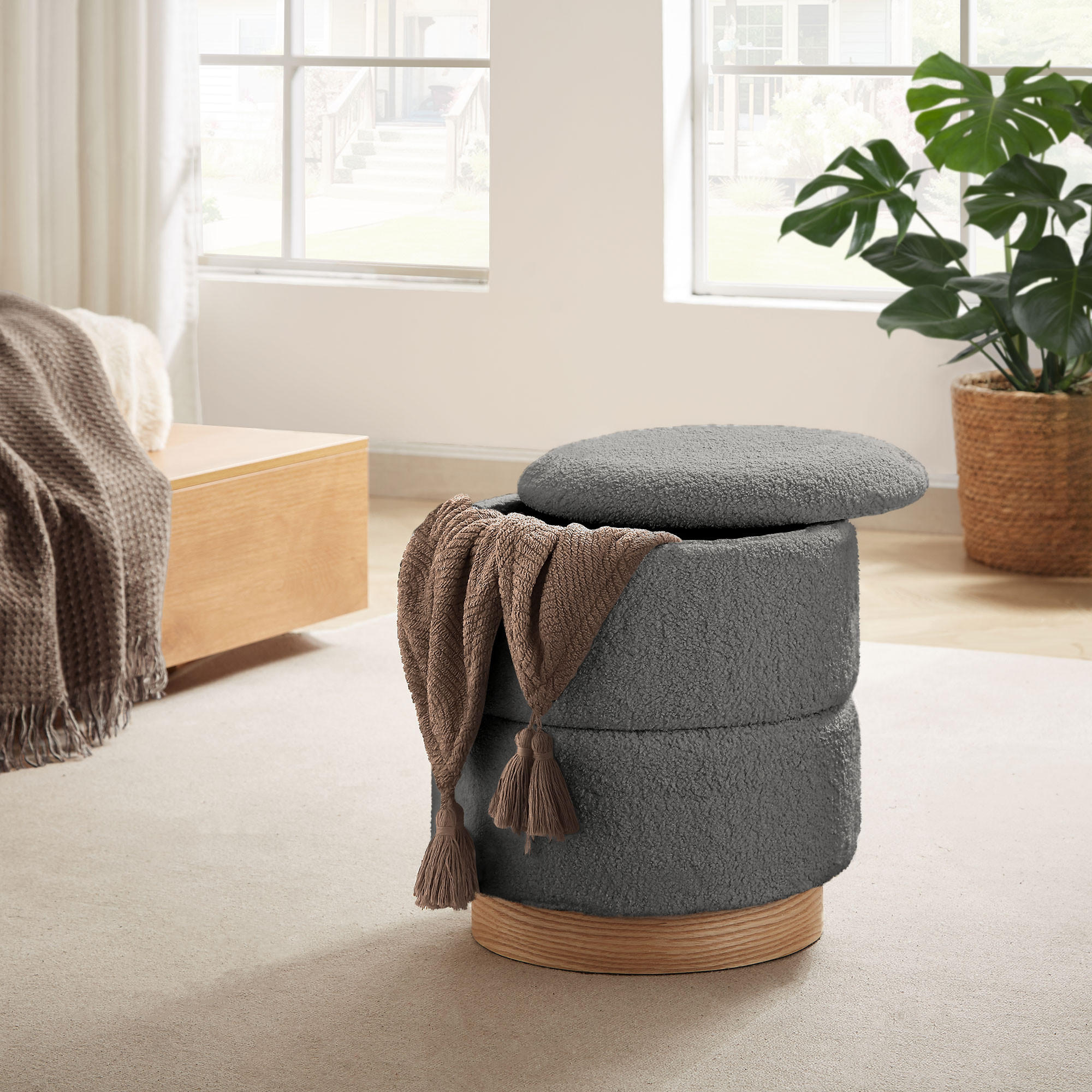 TRUHENHOCKER Roméo aus grauem Frotteestoff - Grau, Holzwerkstoff/Textil (37/42/37cm) - Sicaan