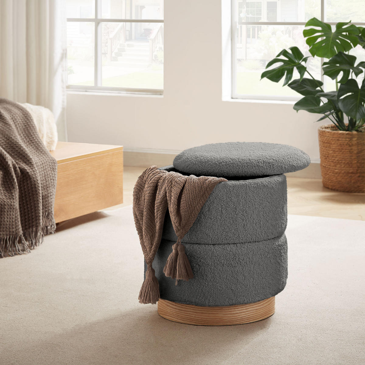 TRUHENHOCKER Roméo aus grauem Frotteestoff - Grau, Holzwerkstoff/Textil (37/42/37cm) - Sicaan