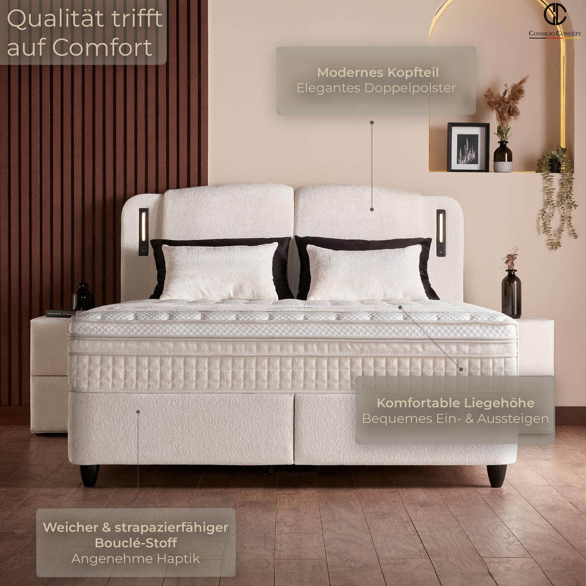 BOXSPRINGBETT MIT BETTKASTEN PORTO 120/200 cm, Beige, Bettkasten, Matratze, Topper integriert, H3 mittel 7-Zonen Matratze - Beige/Schwarz, Holz/Kunststoff (120/200cm) - Consilio Concept