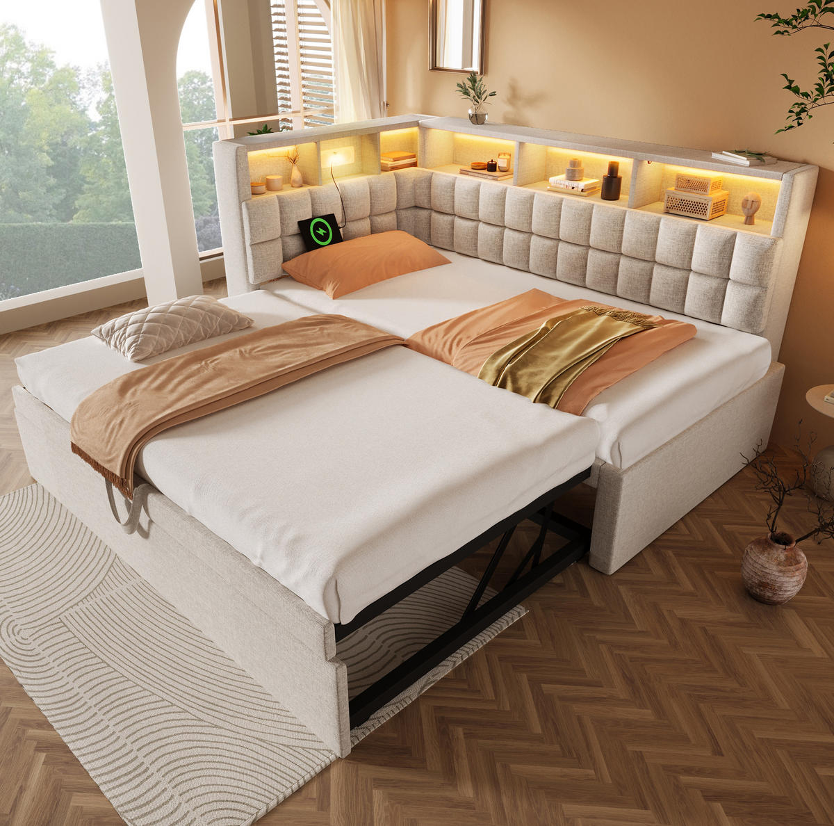 POLSTERBETT 90/200 cm aus Leinen-Baumwolle mit Ausziehbett LED Bluetooth und USB-C Beige - Beige, Textil (90/200cm) - Modenvie