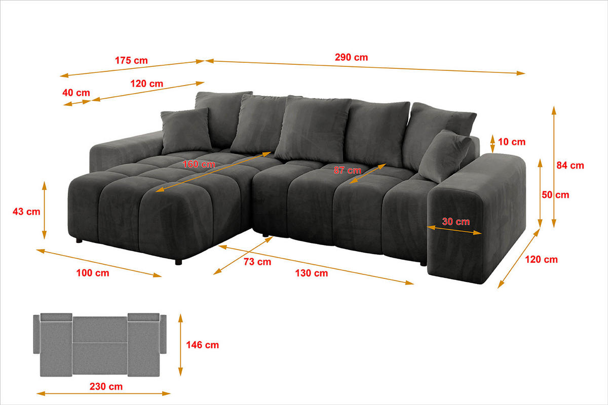 ECKSOFA Ottomane links/rechts ENIL-L 290x175x84 Dunkelgrau Velours - Dunkelgrau, Holzwerkstoff/Kunststoff (290/175cm) - ALTDECOR