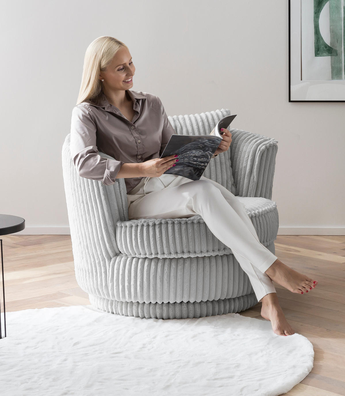 BIG-SESSEL Mega Cord hell grau Ø 95 cm 360° drehbar, inklusive Kissen - Hellgrau, Holz/Kunststoff (95/77/95cm) - Furn.Design