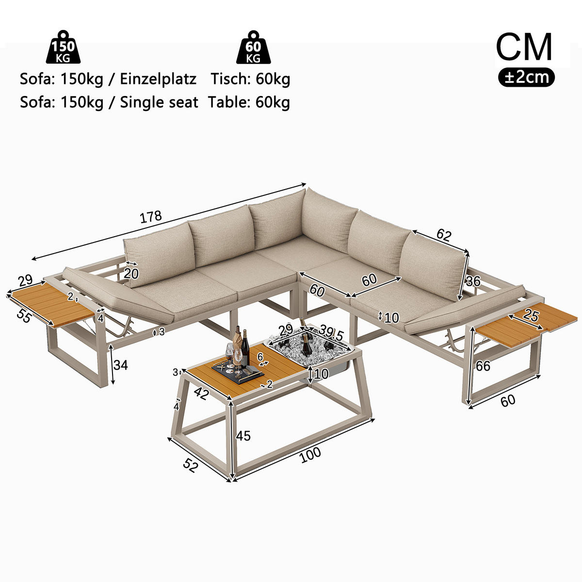 MODULARES OUTDOOR-SOFA-SET Grau/Beige - Beige, Metall - ComfortXL