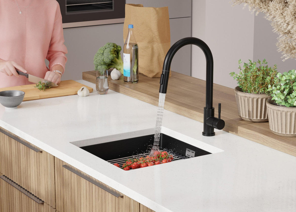 UNTERBAUSPÜLE GRANIT Praga, 2-er set Schwarz 46/47 cm 1 Becken + Ablauf-Set + Aufrollbare Abtropffläche ab 50er Unterschrank - Chromfarben/Schwarz, Kunststoff (46/20/47cm) - Primagran