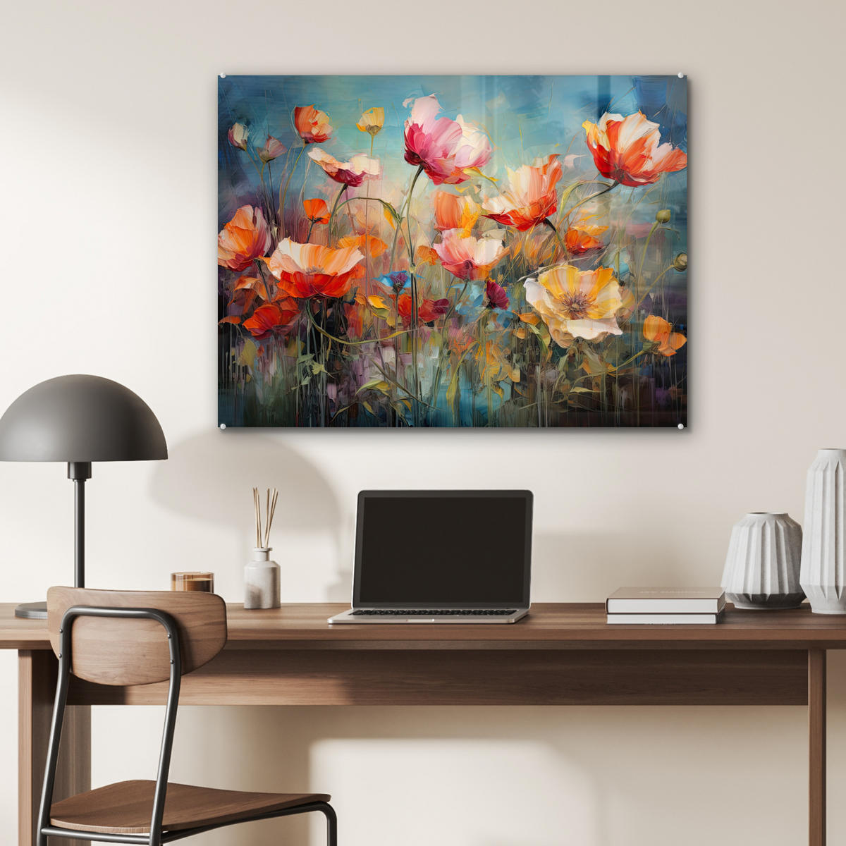 ACRYLGLASBILD Blumen - Aquarell - Kunst - Botanisch - Natur 80x60 cm - Orange, Glas (80/60cm) - MuchoWow