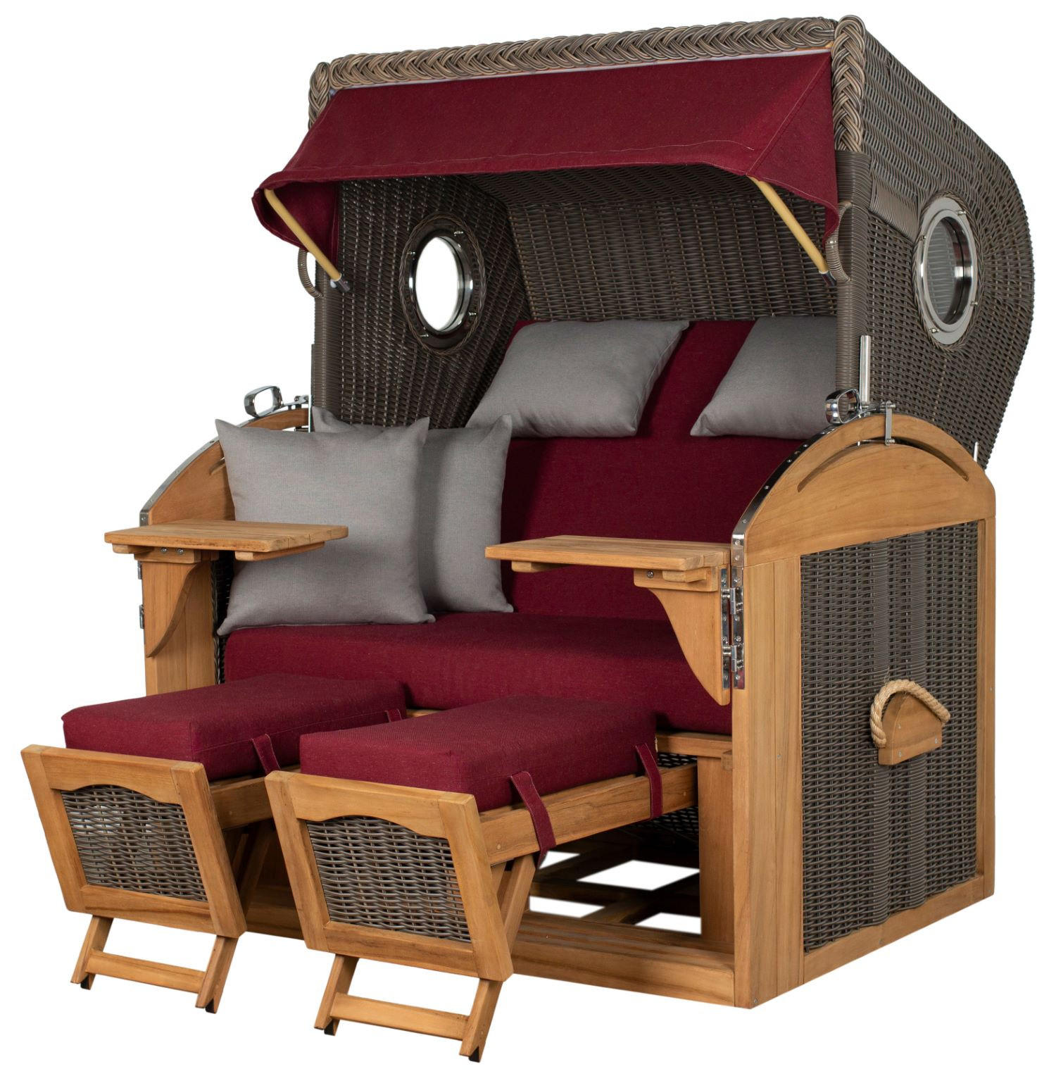 STRANDKORB Komplettset: Borkum XL Teak Bullauge - PE grau - Modell 594 - Rot/Grau, Holz/Kunststoff (142/170/95cm) - bene living